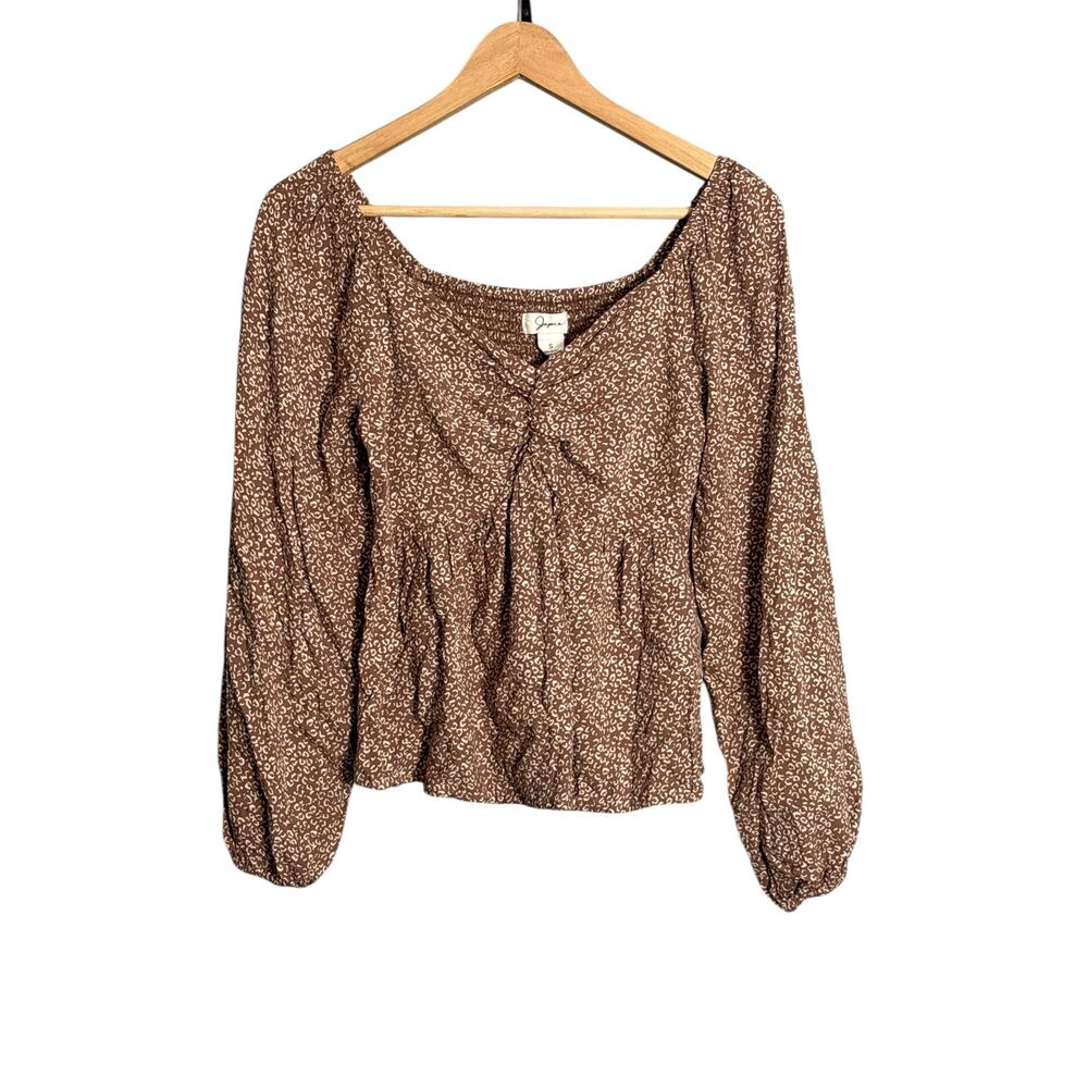 Japna Leopard Print Smocked Back Rayon Blouse Size S Brown Boho Top